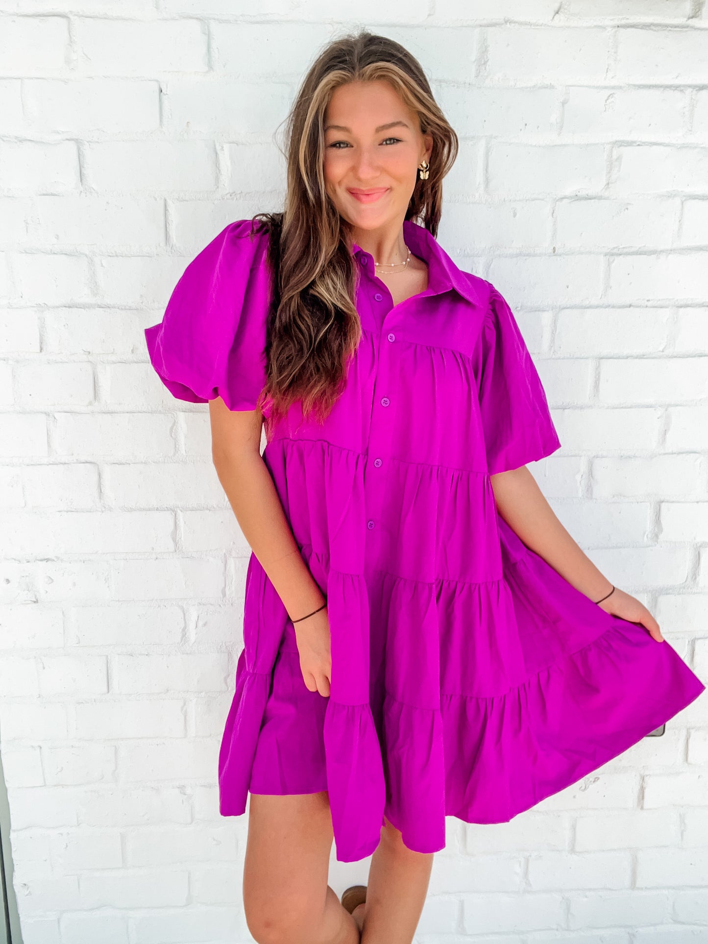 Button Up Puff Sleeve Dress