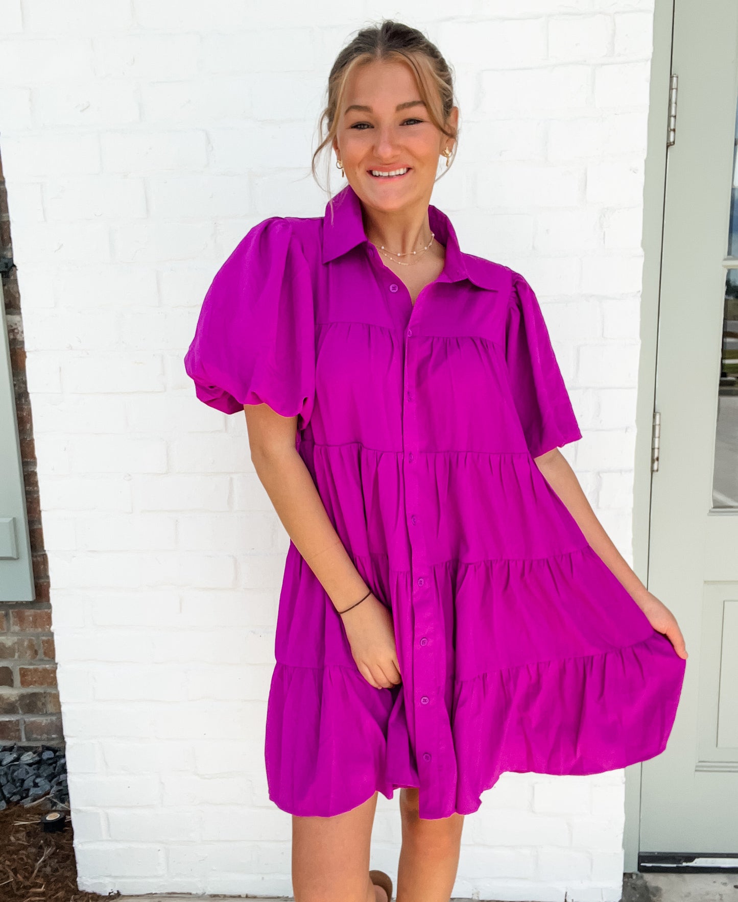 Button Up Puff Sleeve Dress