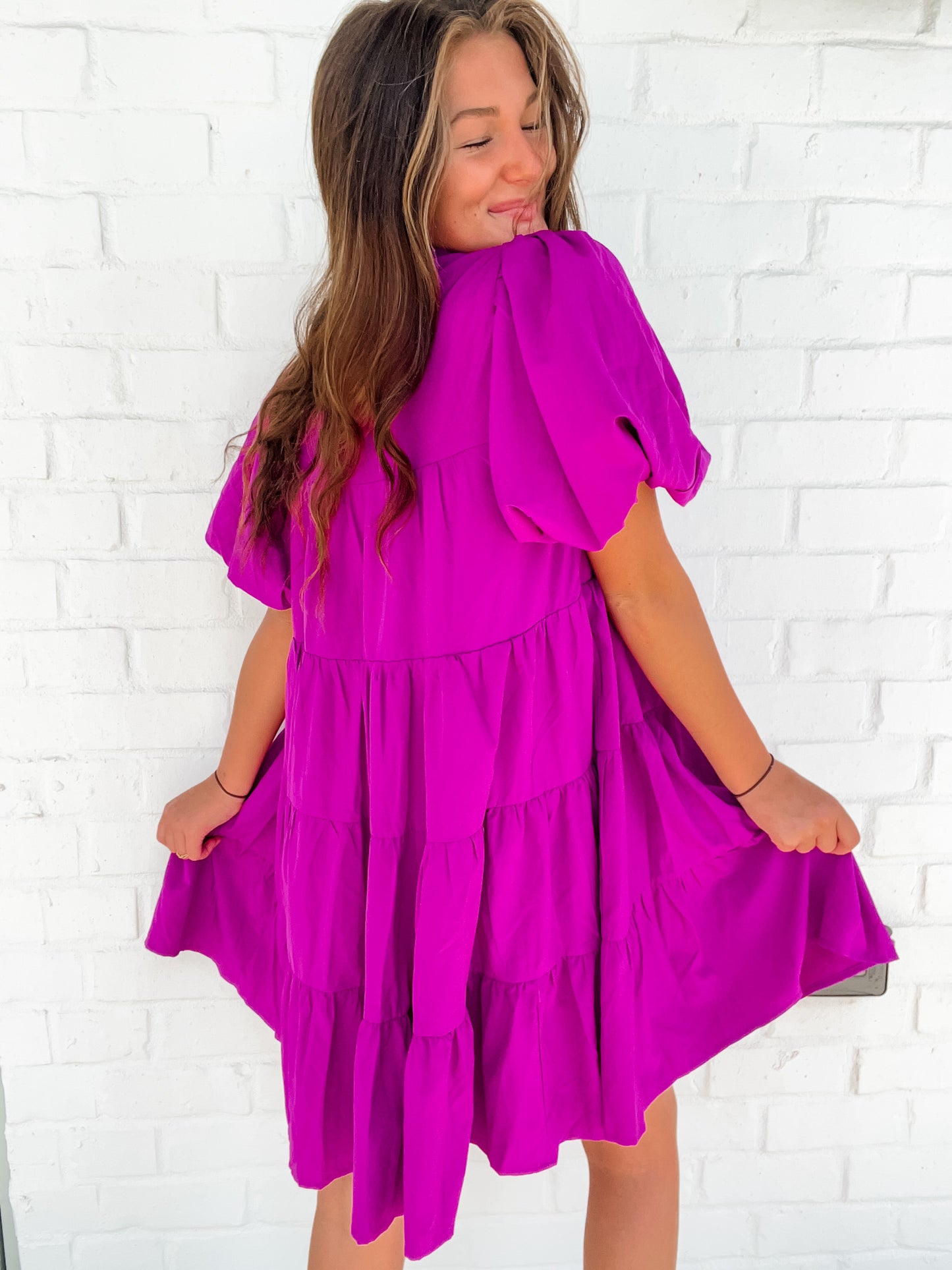 Button Up Puff Sleeve Dress