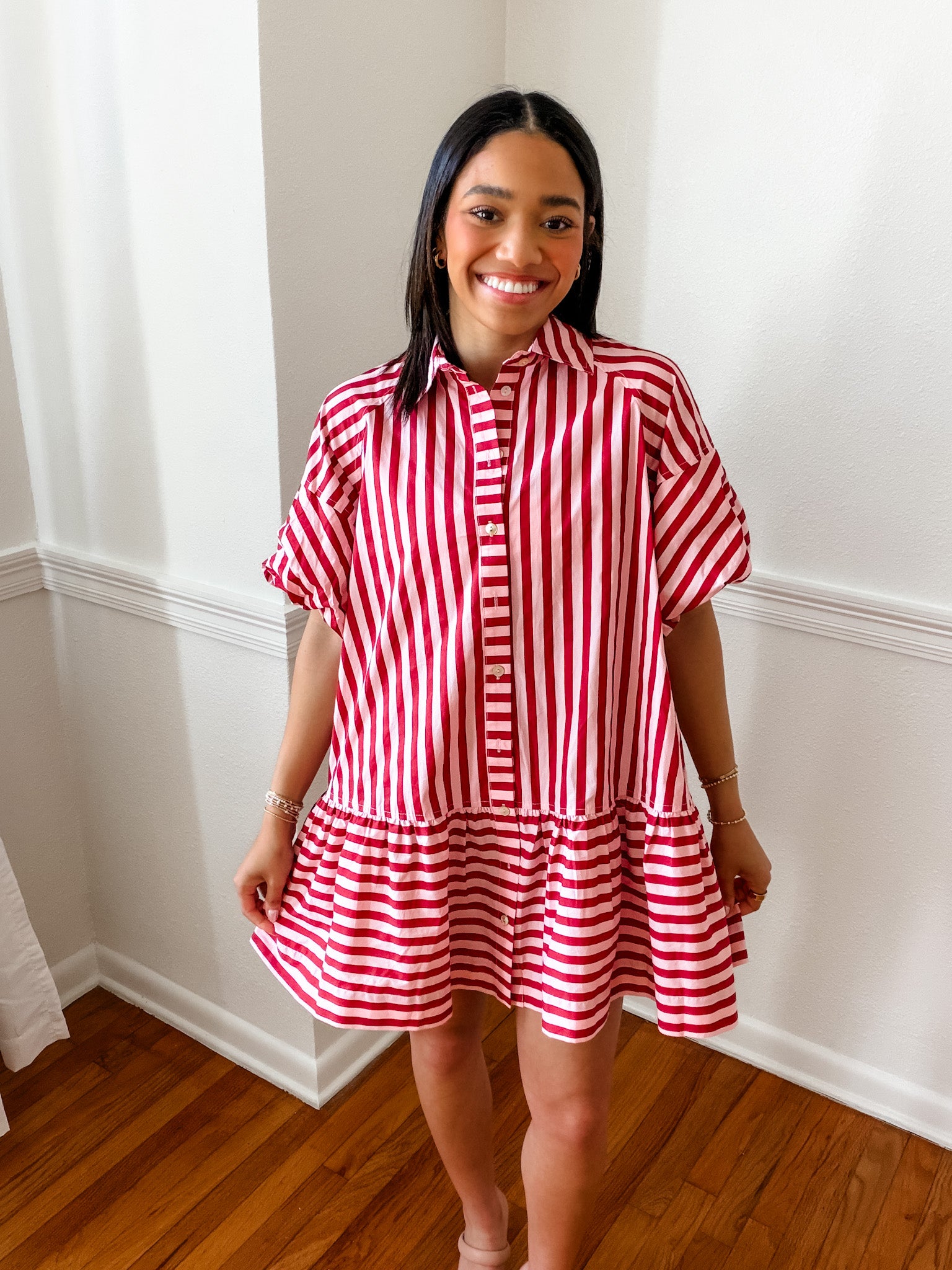 Cherry Stripe Tiered Shirt Dress – Louise Lane Boutique