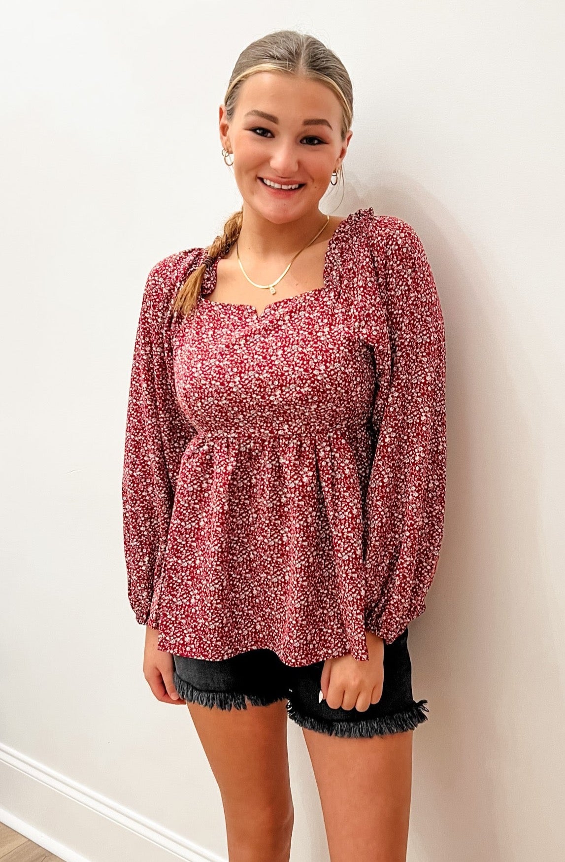 Notch Front Long Sleeve Blouse