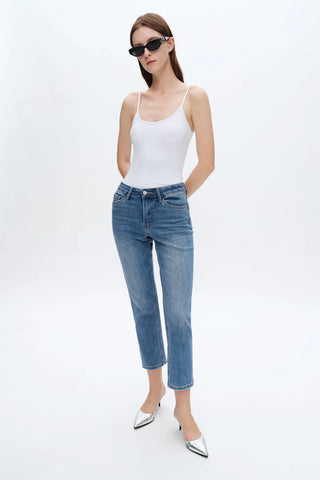 High Rise Straight Leg Medium Blue Jeans