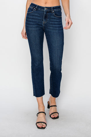 Dark Mid Rise Raw Edge Denim