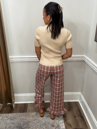 Clara Ruffle-Hem Plaid Pants