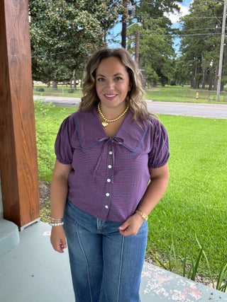 Tinsley Tie-Collar Plaid Blouse