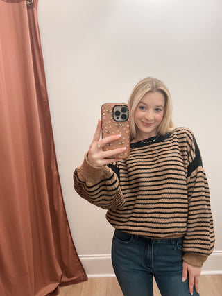 Stripped Balloon Sleeve Sweater