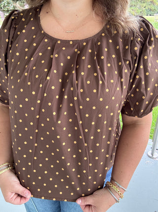 Cocoa Dot Puff-Sleeve Blouse
