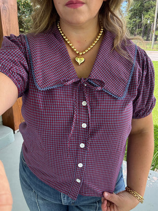 Tinsley Tie-Collar Plaid Blouse