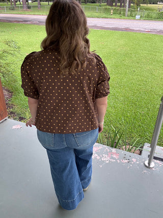 Cocoa Dot Puff-Sleeve Blouse