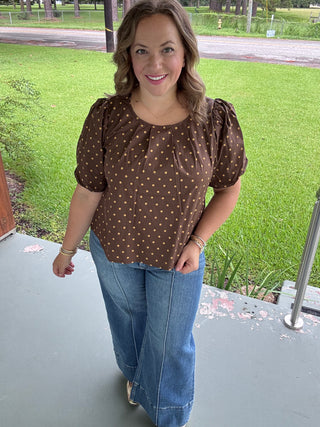 Cocoa Dot Puff-Sleeve Blouse