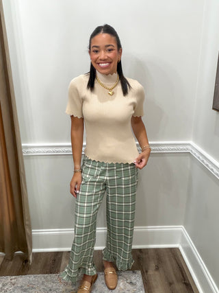 Clara Ruffle-Hem Plaid Pants