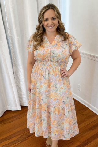 Peach Blossom Garden Midi Dress
