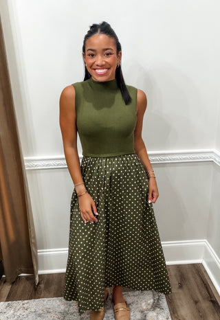 The Olive Grove Polka Dot Midi Dress