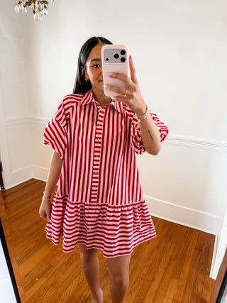 Cherry Stripe Tiered Shirt Dress