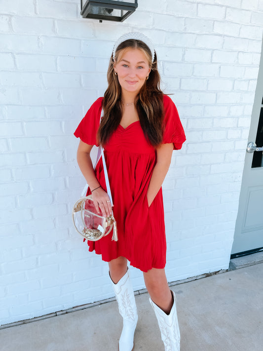 Red Solid Babydoll Dress
