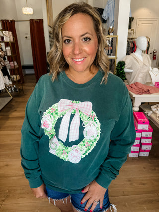  Preppy Christmas Wreath Comfort Colors Long Sleeve Tee