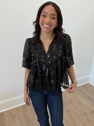 Midnight Shimmer Sequin Babydoll Top