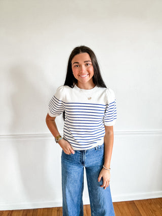 Seaside Stripe Puff Sleeve Knit Top