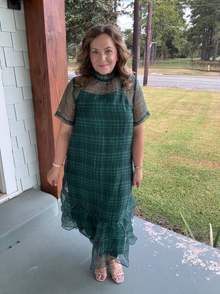 Evergreen Plaid Organza Midi Dress