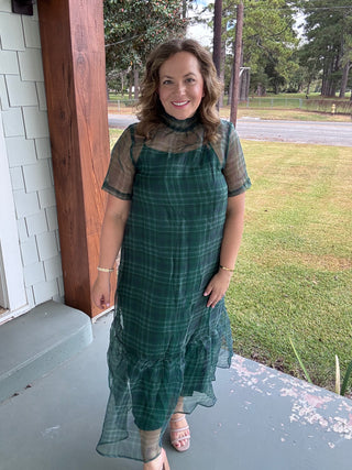 Evergreen Plaid Organza Midi Dress