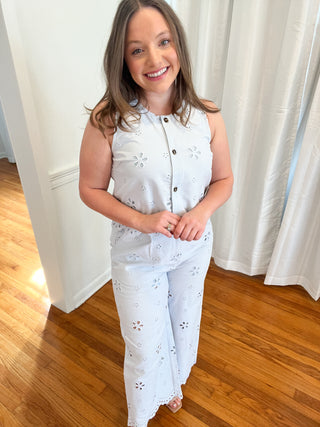 Baby Blue Eyelet Wide-Leg Pant