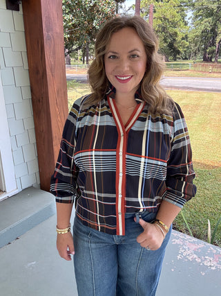 Camden Navy Plaid Button Down Blouse