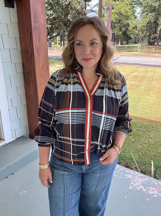 Camden Navy Plaid Button Down Blouse