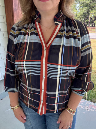 Camden Navy Plaid Button Down Blouse