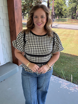 Gingham Grace Puff Sleeve Peplum Top
