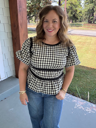Gingham Grace Puff Sleeve Peplum Top