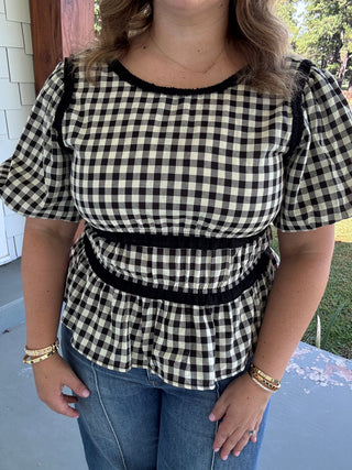 Gingham Grace Puff Sleeve Peplum Top