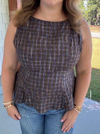 Hadley Plaid Sleeveless Peplum Top by THML
