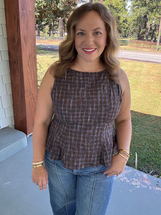 Hadley Plaid Sleeveless Peplum Top by THML