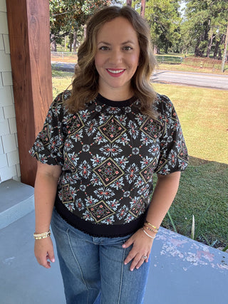 Mosaic Garden Printed Puff Sleeve Top