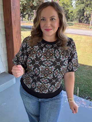Mosaic Garden Printed Puff Sleeve Top