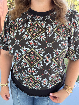 Mosaic Garden Printed Puff Sleeve Top