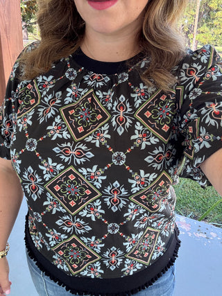 Mosaic Garden Printed Puff Sleeve Top