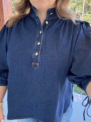 Della Denim Puff Sleeve Top- Dark