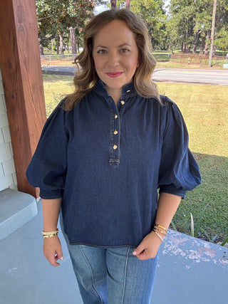 Della Denim Puff Sleeve Top- Dark