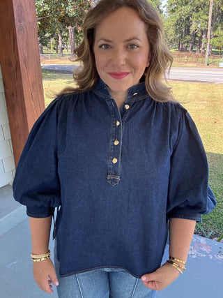 Della Denim Puff Sleeve Top- Dark