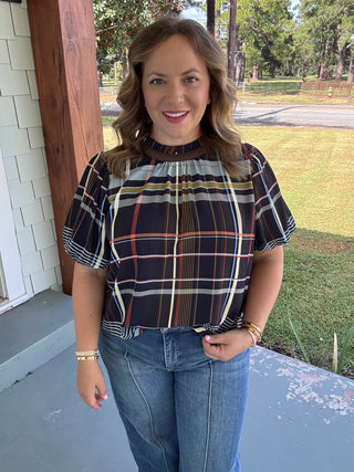Hadley Plaid Ruffle Neck Blouse