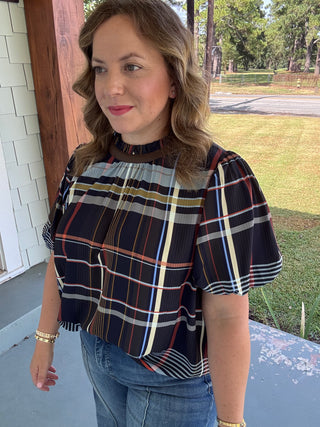 Hadley Plaid Ruffle Neck Blouse
