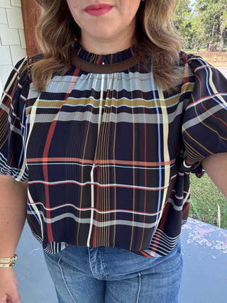 Hadley Plaid Ruffle Neck Blouse