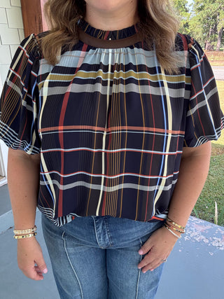 Hadley Plaid Ruffle Neck Blouse