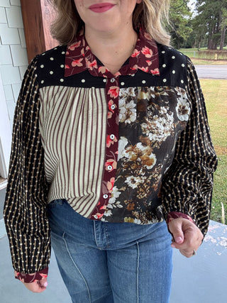Marlowe Mixed Print Patchwork Button Down Blouse