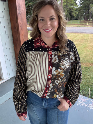 Marlowe Mixed Print Patchwork Button Down Blouse