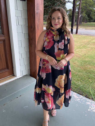Autumn Muse Floral Tie Neck Midi Dress