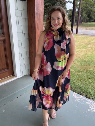 Autumn Muse Floral Tie Neck Midi Dress