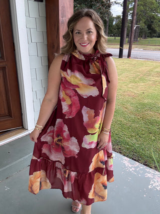 Autumn Muse Floral Tie Neck Midi Dress