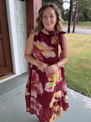 Autumn Muse Floral Tie Neck Midi Dress